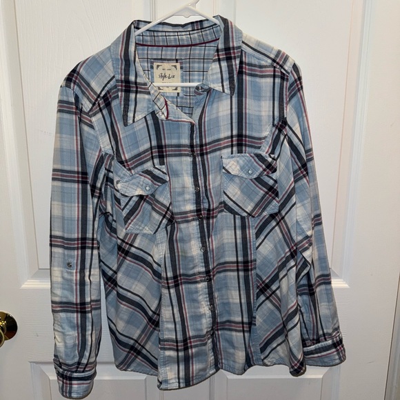 Style & Co Blue Plaid Button-Up Shirt - Picture 1 of 2